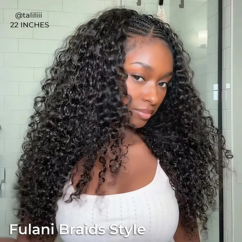 22-inch Mimicing Water Wave glueless half wig styled in a beautiful Fulani Braids look for a natural and seamless blend.