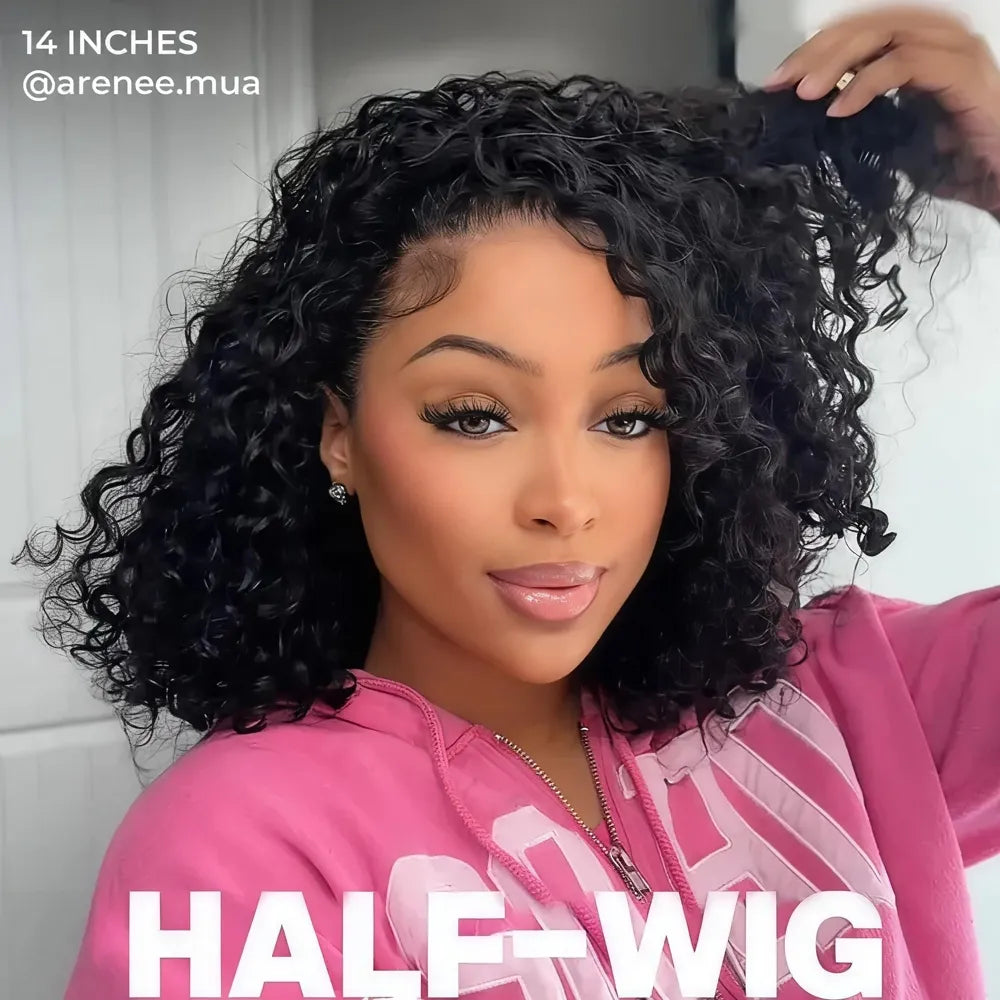 14-inch Mimicing Water Wave glueless half wig for a voluminous and natural everyday hairstyle.