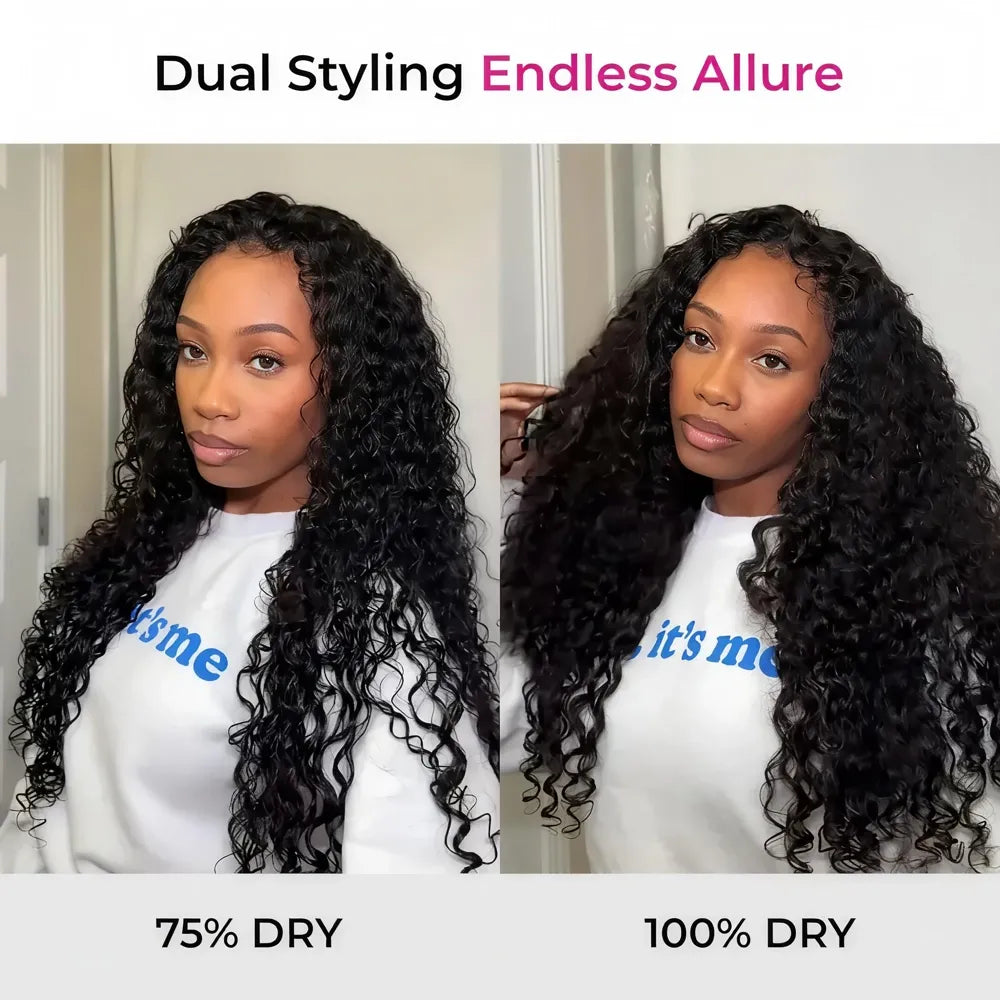 Dual styling comparison of the Mimicing glueless Water Wave half wig, showcasing a defined wet-look at 75% dry versus a voluminous natural look at 100% dry.